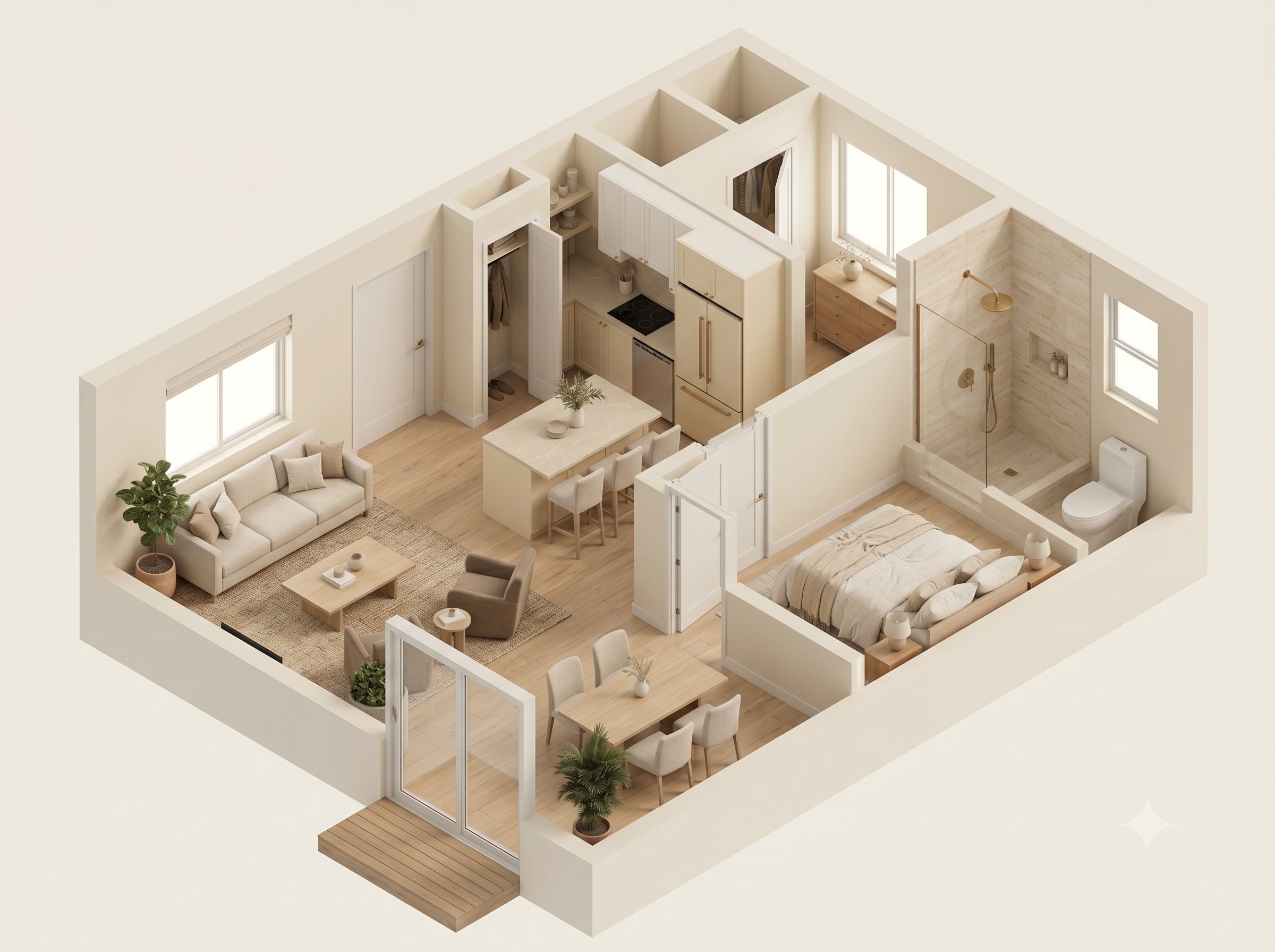 Isometric 3D rendering of a one-bedroom ADU floor plan with separate bedroom, living area, kitchen, and bath