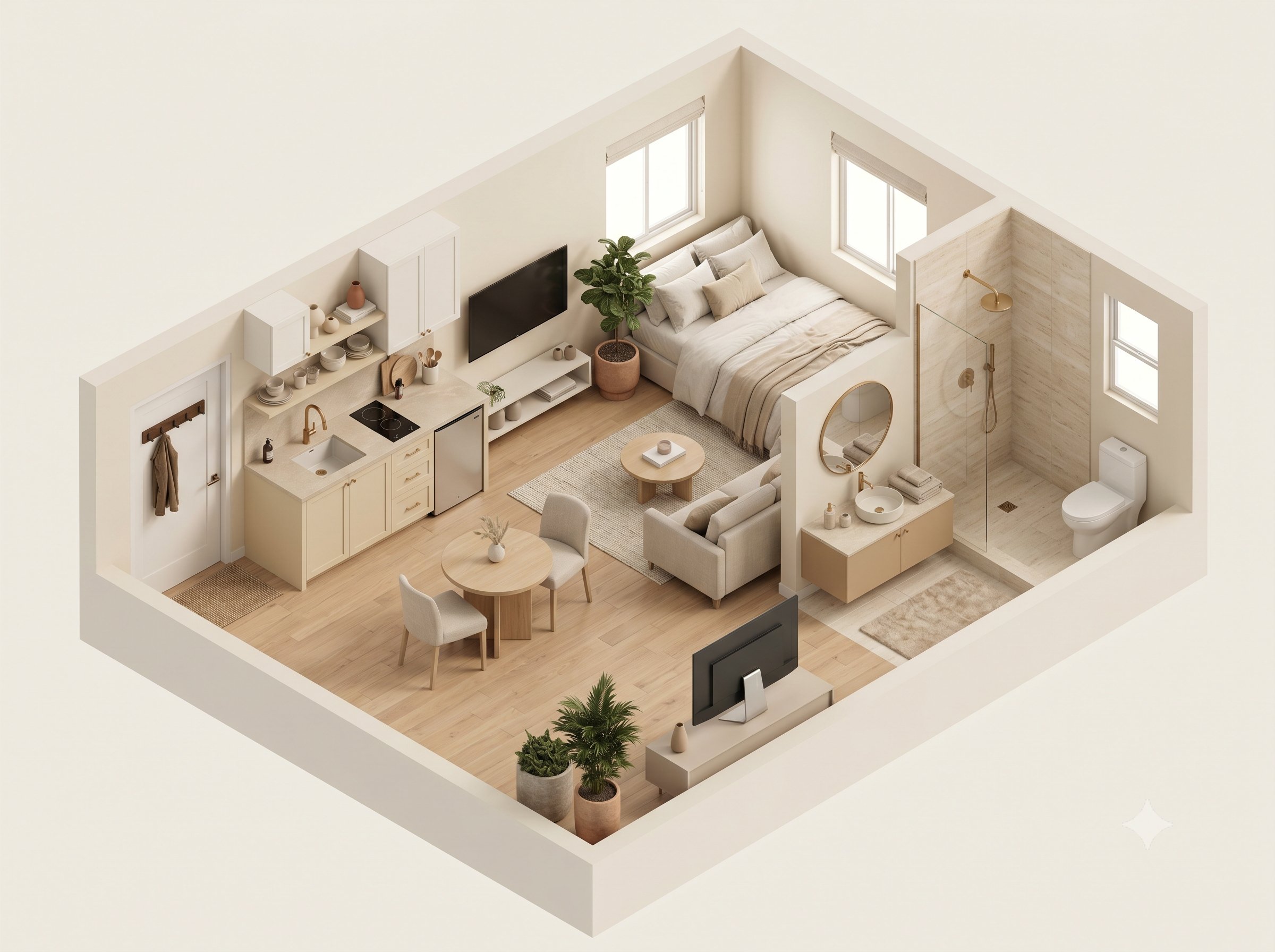 Isometric 3D rendering of a studio ADU floor plan with open living, kitchenette, and full bathroom